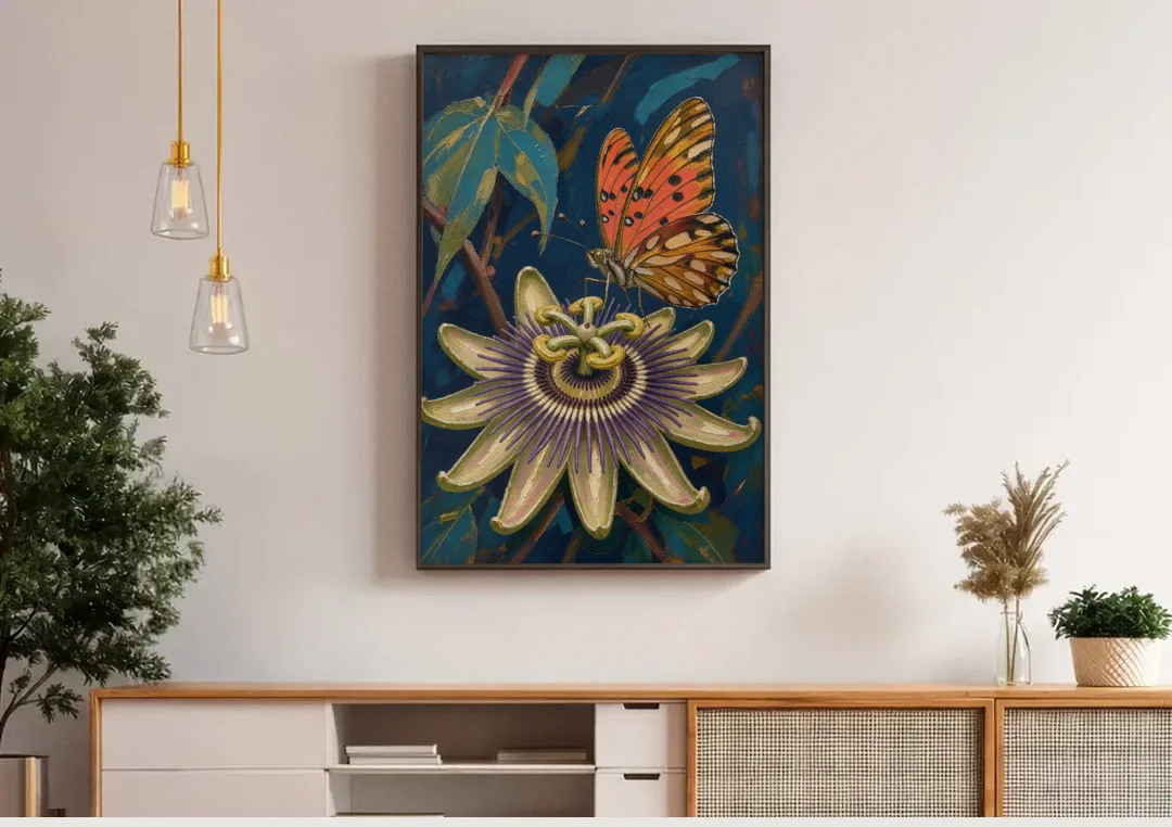 Orange Butterfly Wall Art with a Passionflower canvas wall art above a wooden sideboard under pendant lights