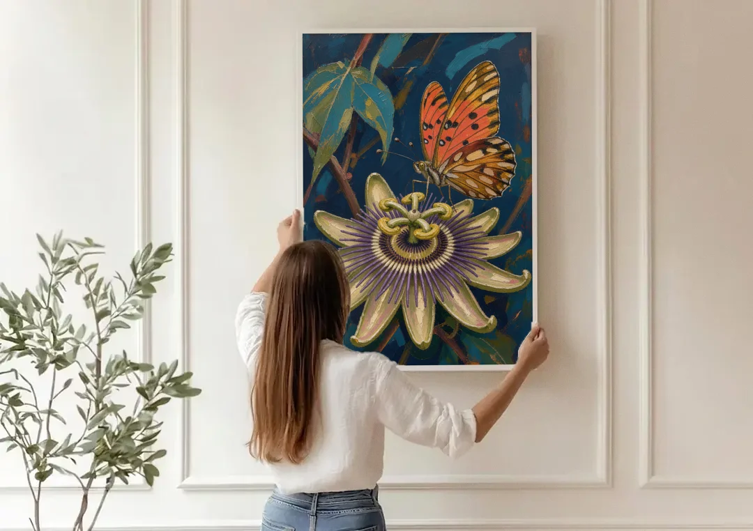 Orange Butterfly Wall Art with a Passionflower canvas wall art being hung on a paneled wall