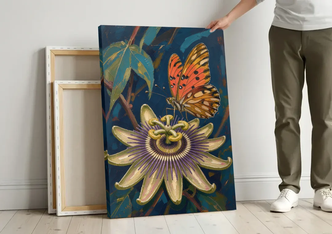 Orange Butterfly Wall Art with a Passionflower canvas wall art leaning against a wall next to blank canvases