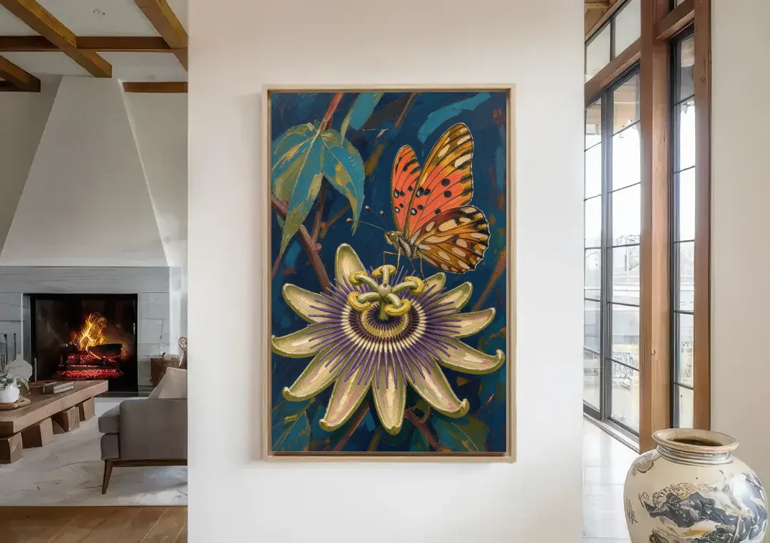 Orange Butterfly Wall Art with a Passionflower canvas wall art in a living room with a fireplace