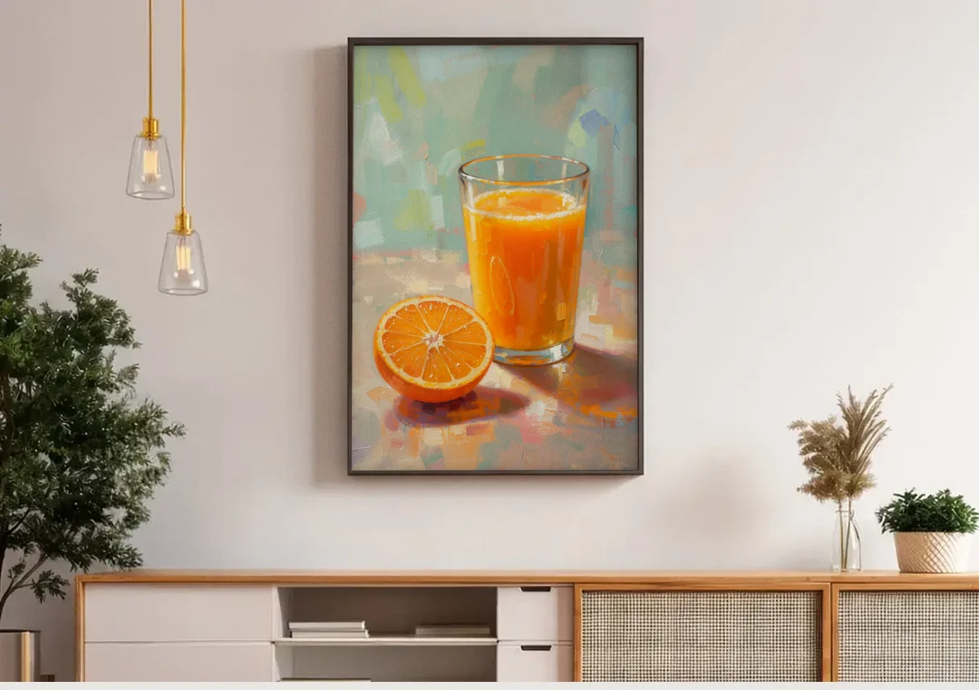 Orange Kitchen Wall Art with Morning Juice canvas wall art above a wooden sideboard under pendant lights