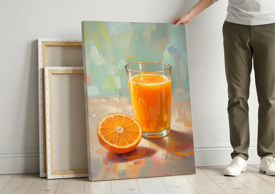 Orange Kitchen Wall Art with Morning Juice canvas wall art leaning against a wall next to blank canvases