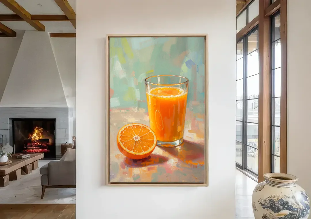 Orange Kitchen Wall Art with Morning Juice canvas wall art in a living room with a fireplace