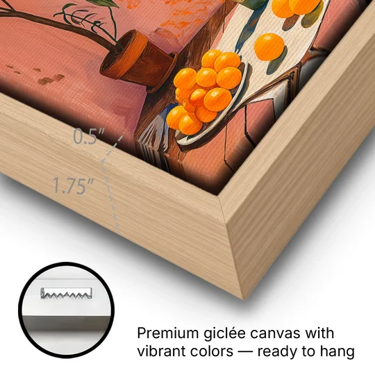 Orange Painting of a Sunny Kitchen Window - Oak Framed Canvas Wall Art - Gallery Wrap Corner