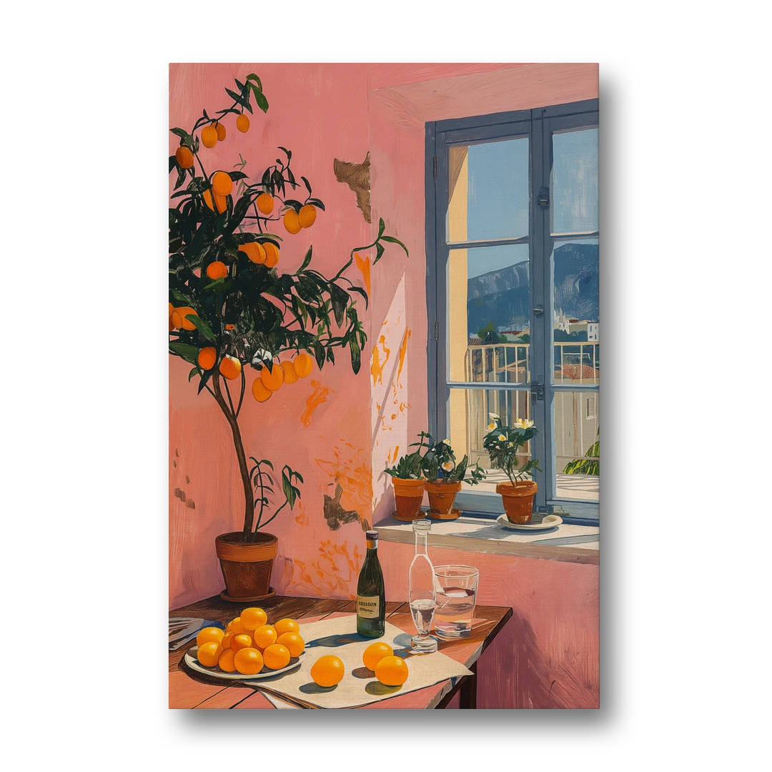 Orange Painting of a Sunny Kitchen Window - Canvas Wall Art - Front