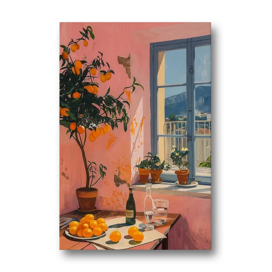 Orange Painting of a Sunny Kitchen Window - Canvas Wall Art - Front