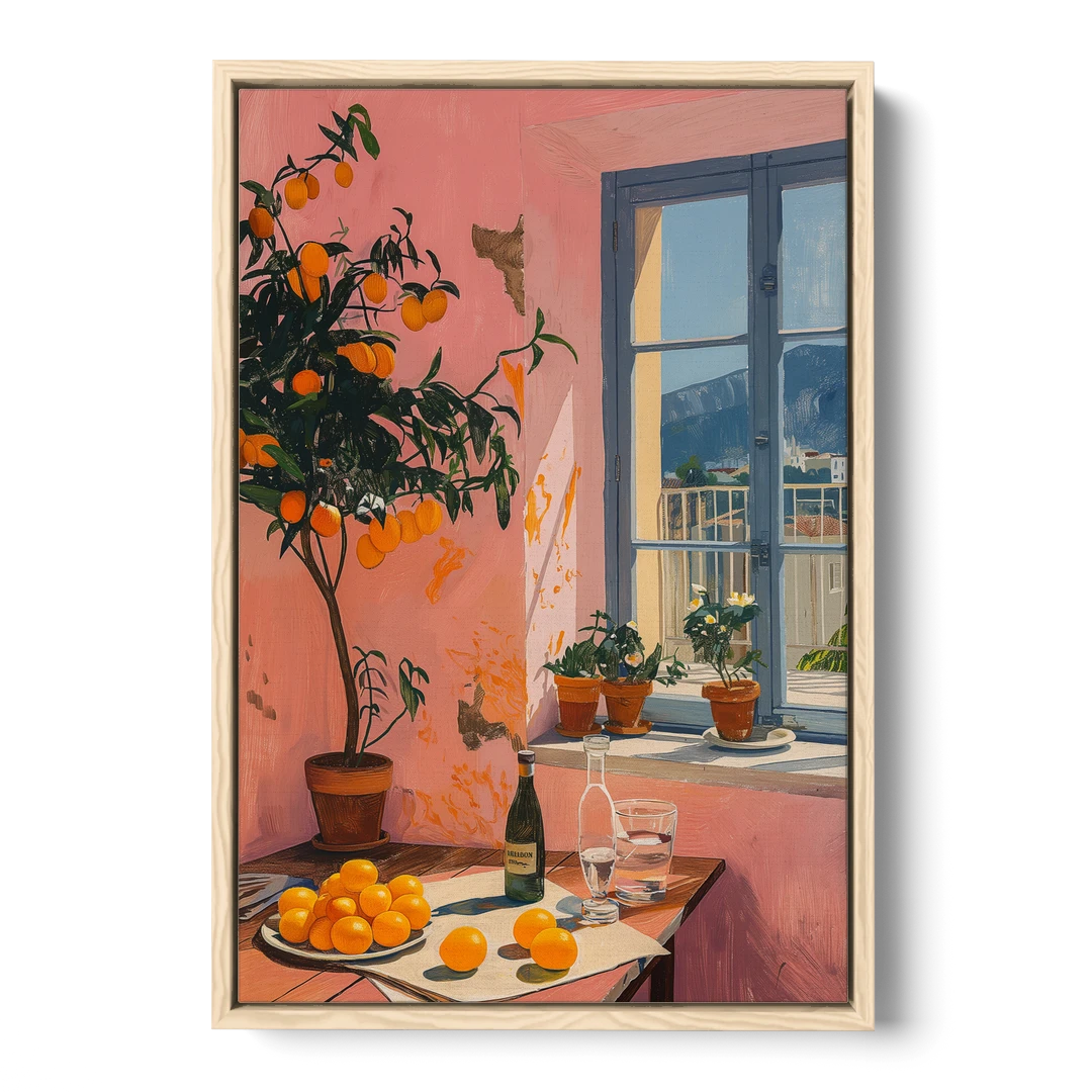 Orange Painting of a Sunny Kitchen Window - Oak Framed Canvas Wall Art - Front