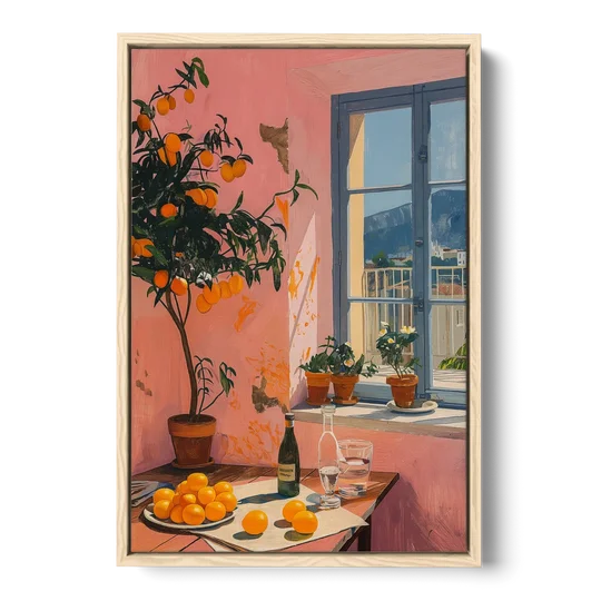 Orange Painting of a Sunny Kitchen Window - Oak Framed Canvas Wall Art - Front