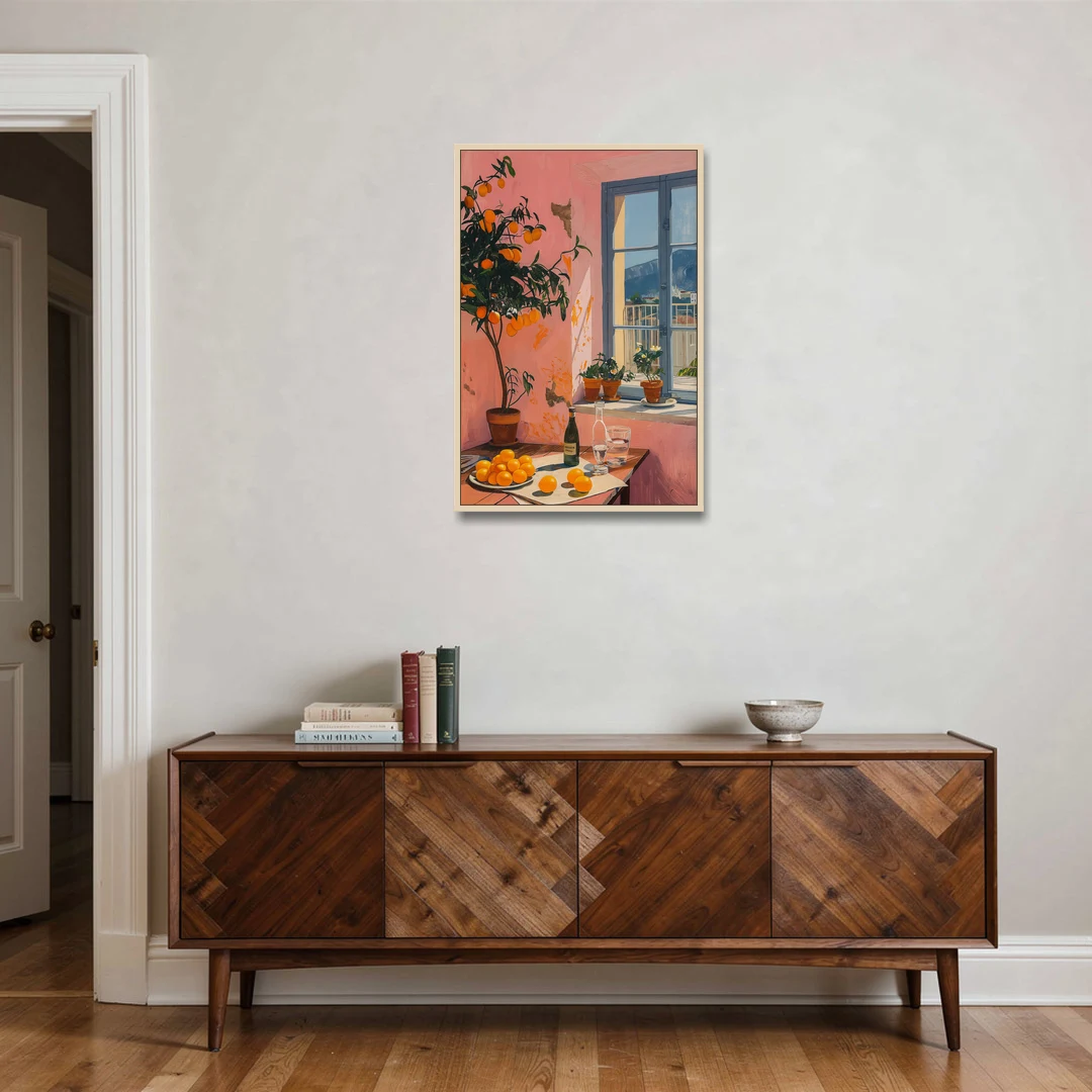 Orange Painting of a Sunny Kitchen Window - Oak Framed Canvas Wall Art - Coffee Table - 24x36