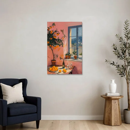 Orange Painting of a Sunny Kitchen Window - Canvas Wall Art - Sofa - 24x36