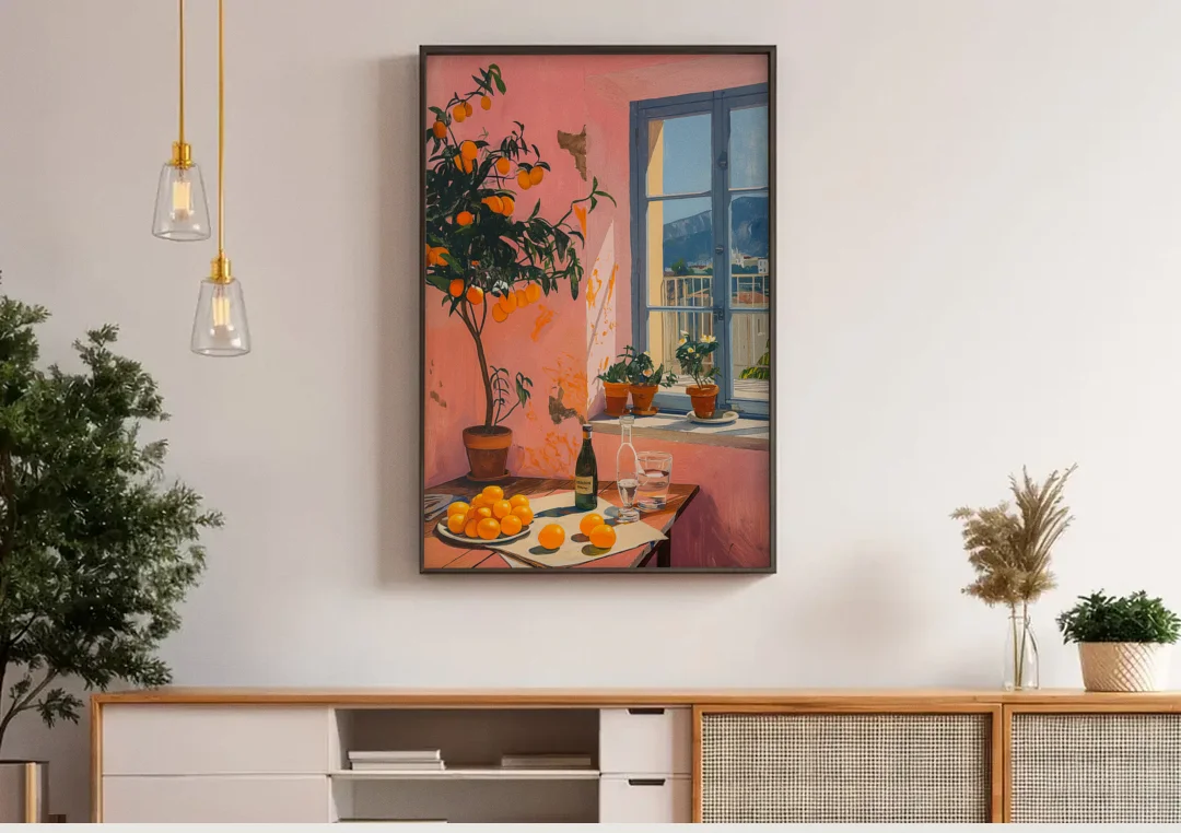 Orange Painting of a Sunny Kitchen Window canvas wall art above a wooden sideboard under pendant lights