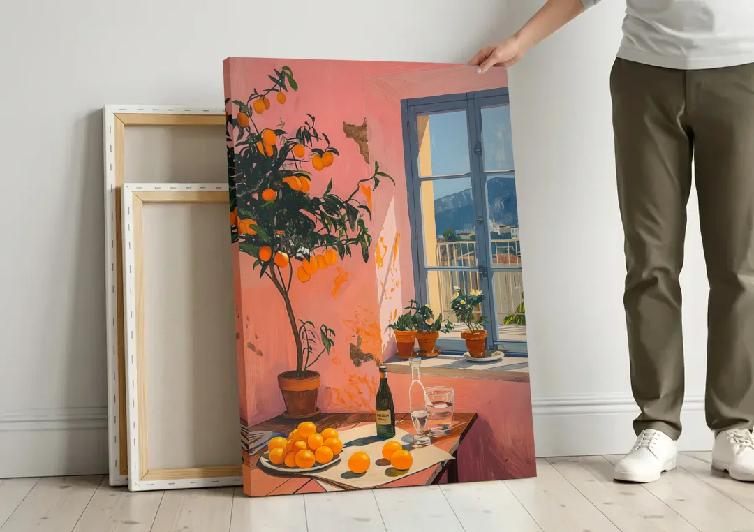 Orange Painting of a Sunny Kitchen Window canvas wall art leaning against a wall next to blank canvases