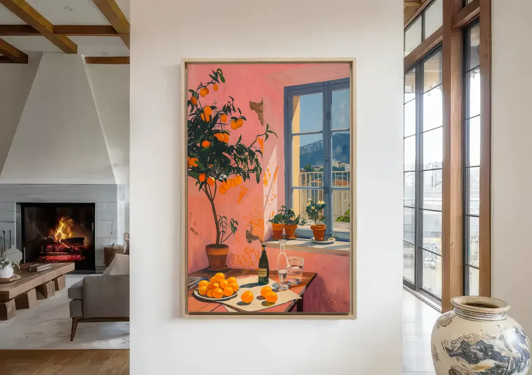 Orange Painting of a Sunny Kitchen Window canvas wall art in a living room with a fireplace