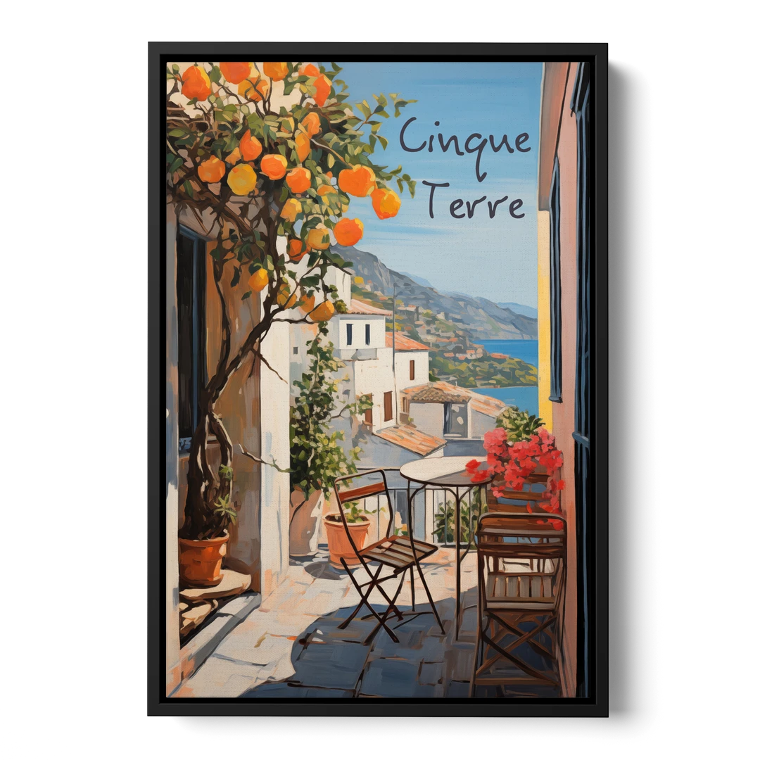 Orange Tree Painting on a Cinque Terre Terrace - Black Framed Canvas Wall Art - Front