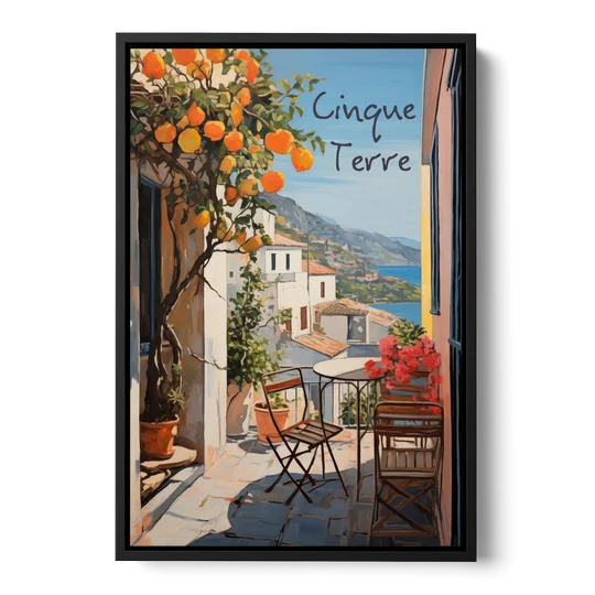 Orange Tree Painting on a Cinque Terre Terrace - Black Framed Canvas Wall Art - Front