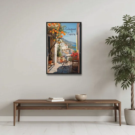 Orange Tree Painting on a Cinque Terre Terrace - Black Framed Canvas Wall Art - Coffee Table - 24x36