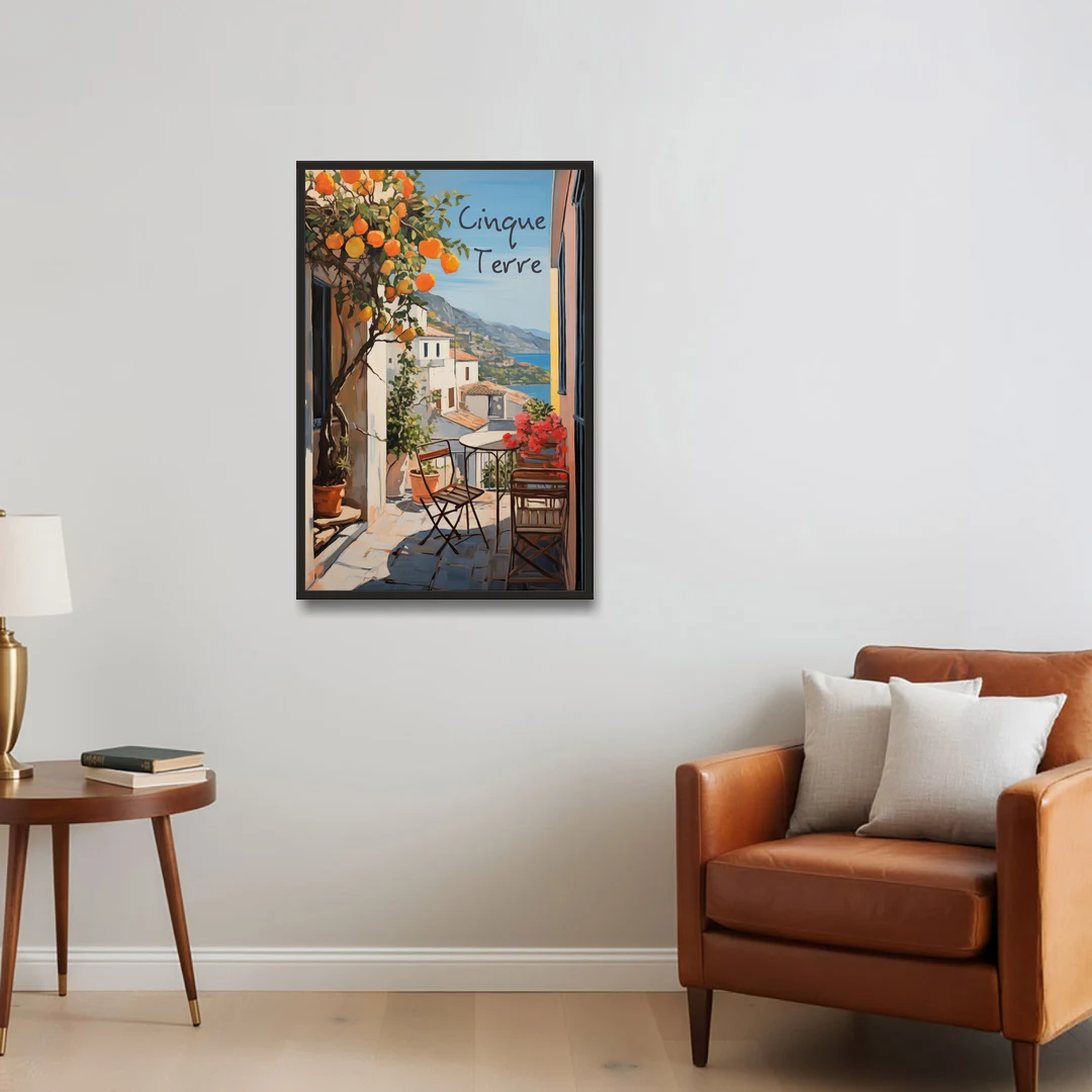 Orange Tree Painting on a Cinque Terre Terrace - Black Framed Canvas Wall Art - Sofa - 24x36