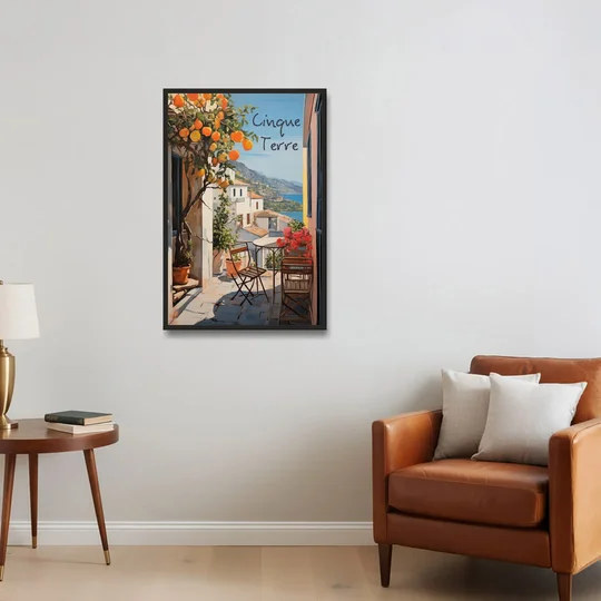 Orange Tree Painting on a Cinque Terre Terrace - Black Framed Canvas Wall Art - Sofa - 24x36