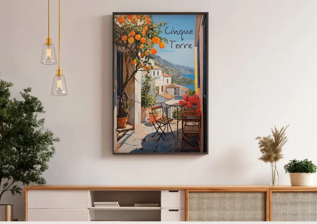Orange Tree Painting on a Cinque Terre Terrace canvas wall art above a wooden sideboard under pendant lights