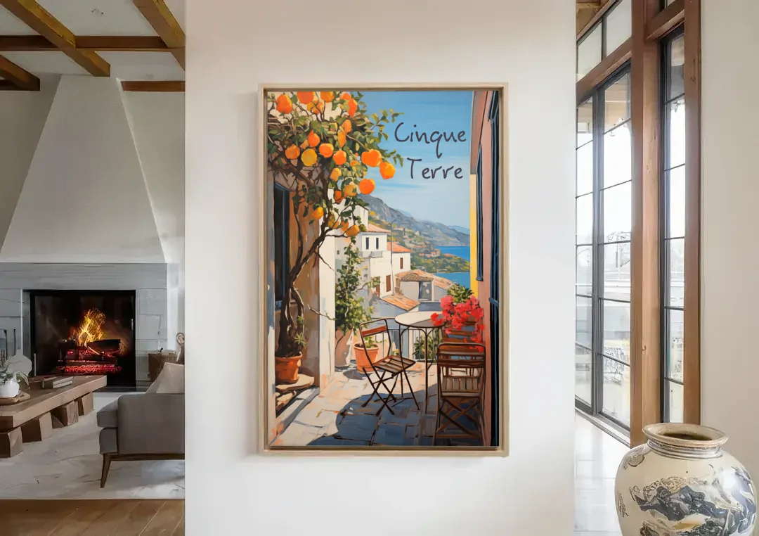 Orange Tree Painting on a Cinque Terre Terrace canvas wall art in a living room with a fireplace