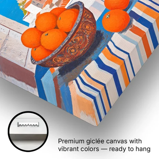 Oranges Painting with a Sea View Window - Canvas Wall Art - Gallery Wrap Corner