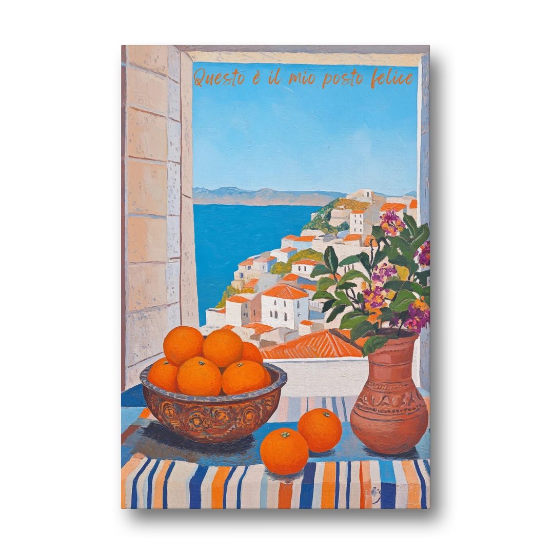 Oranges Painting with a Sea View Window - Canvas Wall Art - Front