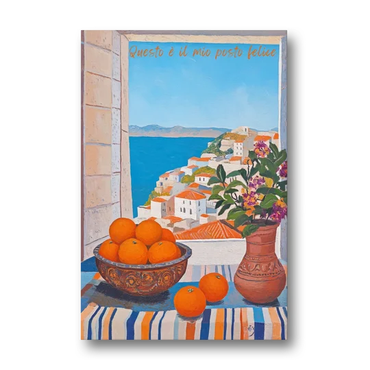 Oranges Painting with a Sea View Window - Canvas Wall Art - Front