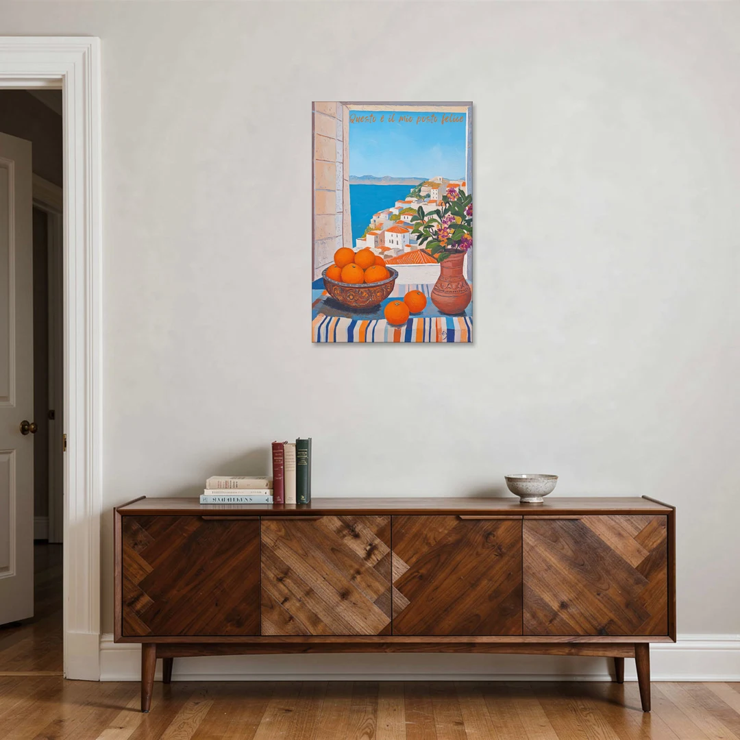 Oranges Painting with a Sea View Window - Canvas Wall Art - Coffee Table - 24x36
