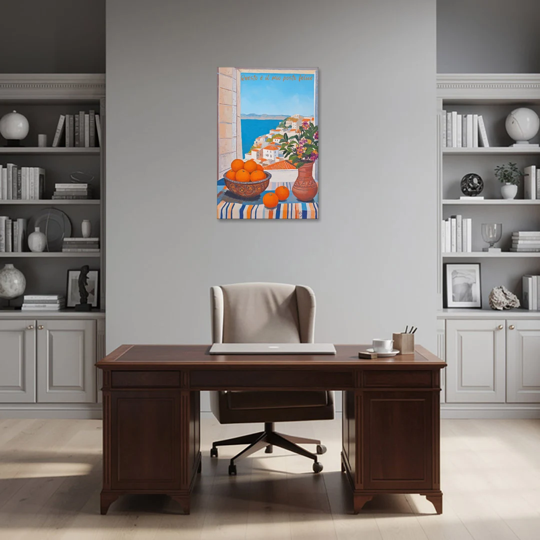 Oranges Painting with a Sea View Window - Canvas Wall Art - Office - 24x36