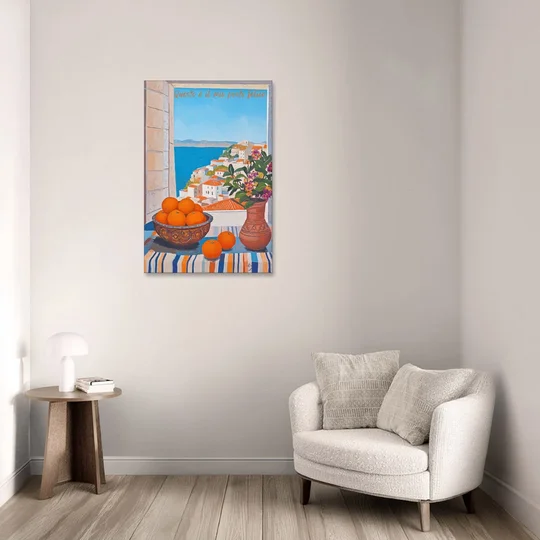 Oranges Painting with a Sea View Window - Canvas Wall Art - Sofa - 24x36