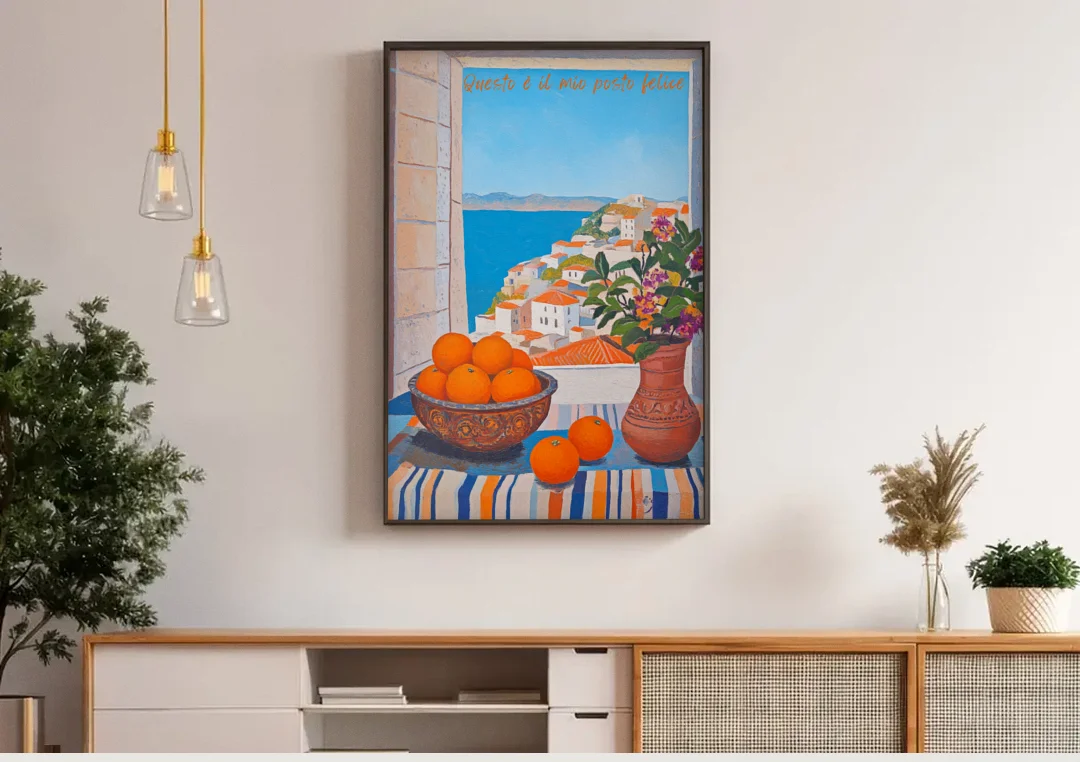 Oranges Painting with a Sea View Window canvas wall art above a wooden sideboard under pendant lights