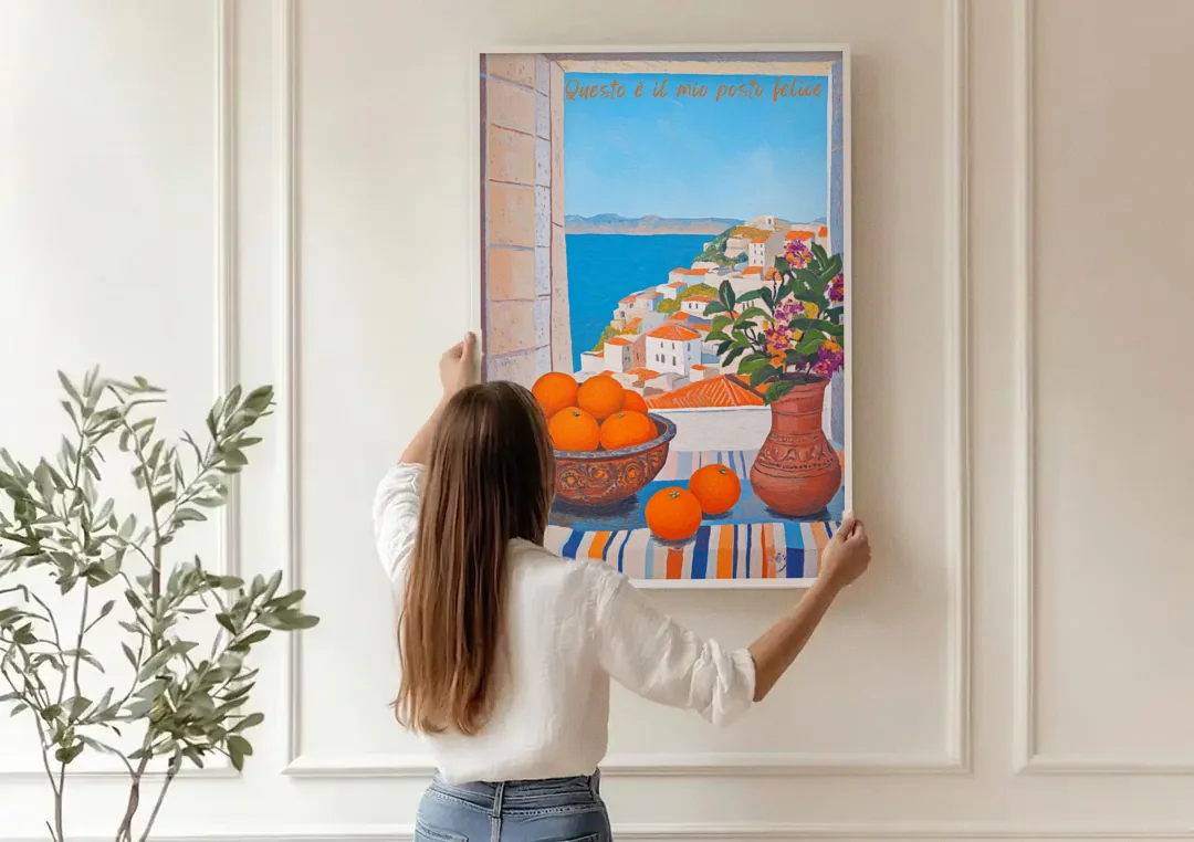 Oranges Painting with a Sea View Window canvas wall art being hung on a paneled wall