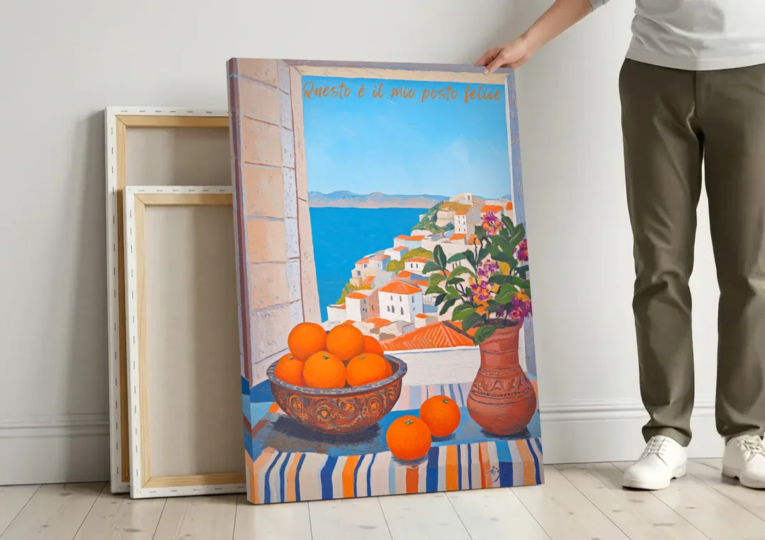 Oranges Painting with a Sea View Window canvas wall art leaning against a wall next to blank canvases