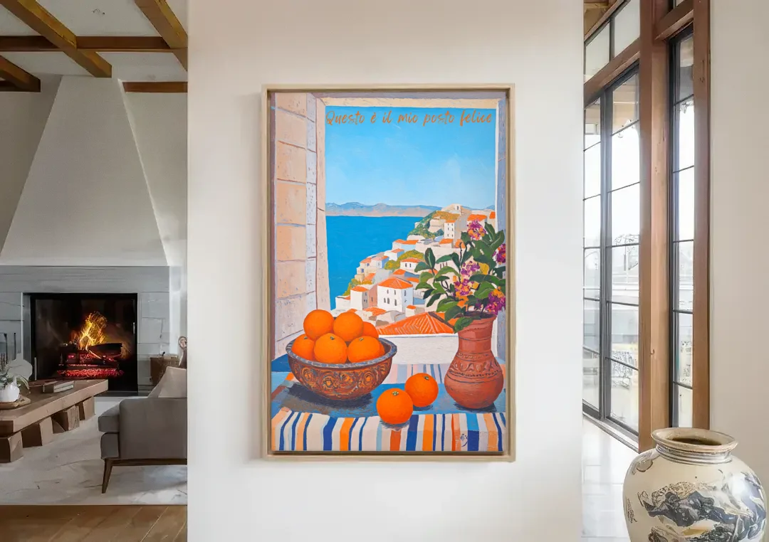 Oranges Painting with a Sea View Window canvas wall art in a living room with a fireplace