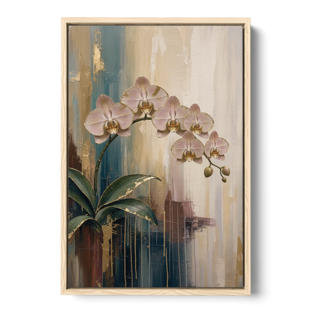 Orchid Canvas Painting with Gold Leaf Edges - Oak Framed Canvas Wall Art - Front