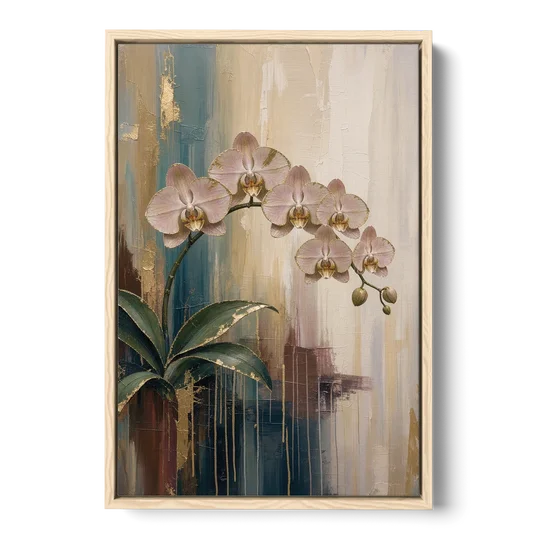 Orchid Canvas Painting with Gold Leaf Edges - Oak Framed Canvas Wall Art - Front