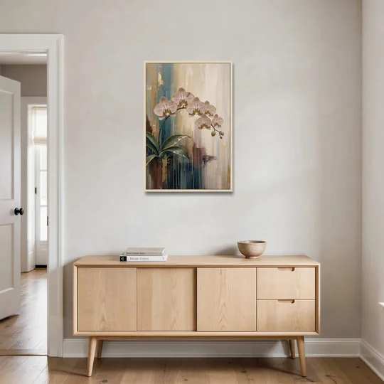 Orchid Canvas Painting with Gold Leaf Edges - Oak Framed Canvas Wall Art - Coffee Table - 24x36