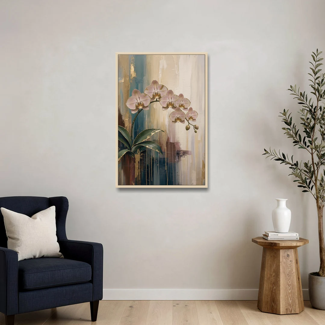 Orchid Canvas Painting with Gold Leaf Edges - Oak Framed Canvas Wall Art - Sofa - 24x36