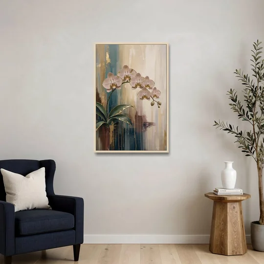 Orchid Canvas Painting with Gold Leaf Edges - Oak Framed Canvas Wall Art - Sofa - 24x36