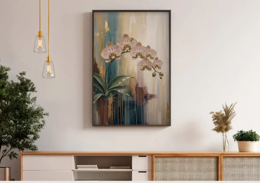 Orchid Canvas Painting with Gold Leaf Edges canvas wall art above a wooden sideboard under pendant lights