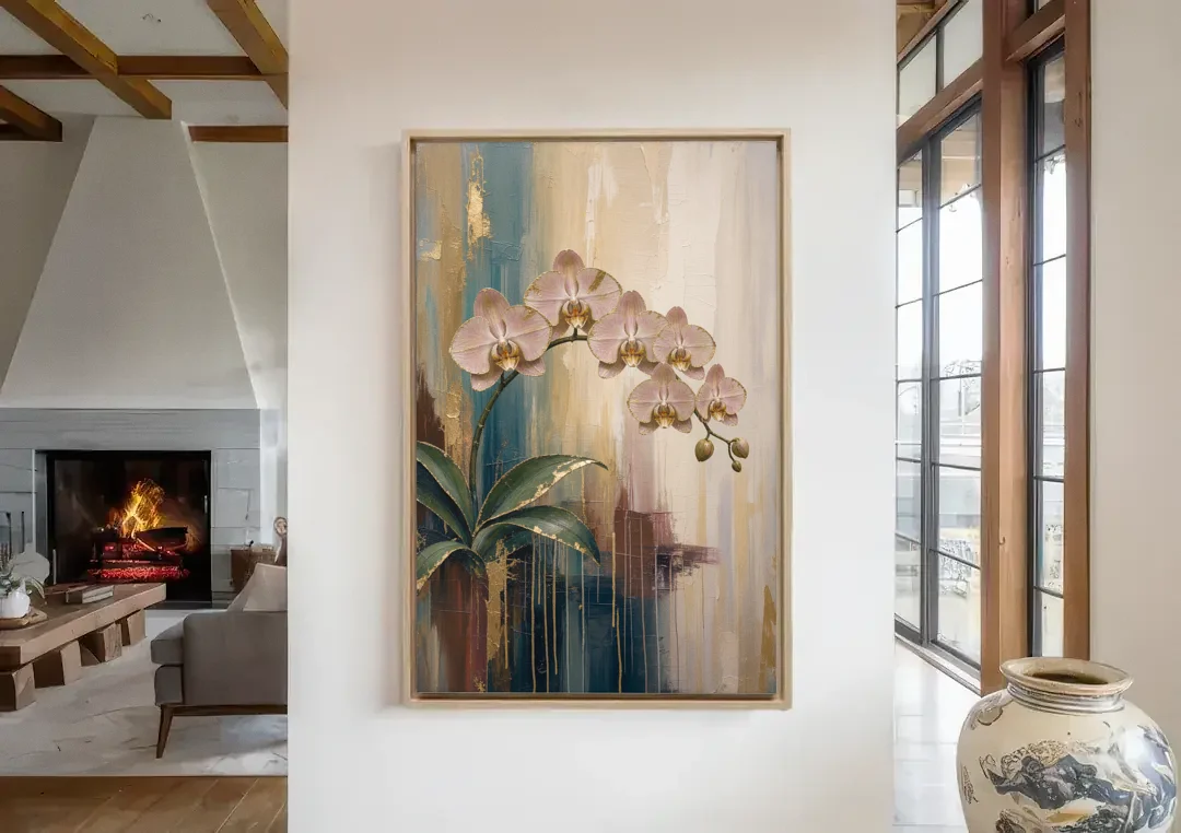 Orchid Canvas Painting with Gold Leaf Edges canvas wall art in a living room with a fireplace