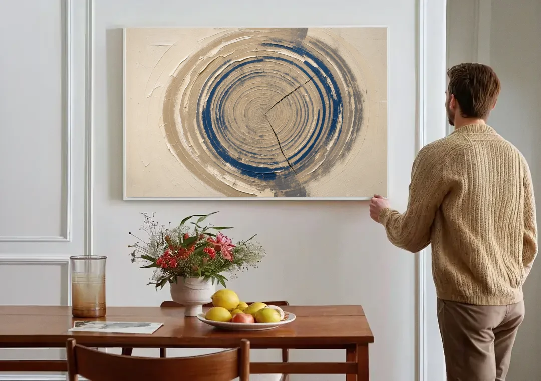 Organic Abstract Wall Art of Navy Tree Rings canvas wall art above a dining table