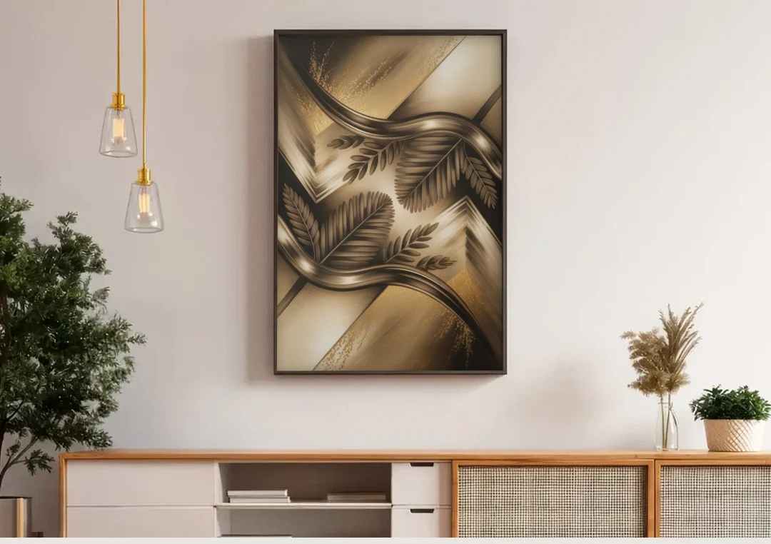 Organic Geometric Brown Abstract canvas wall art above a wooden sideboard under pendant lights