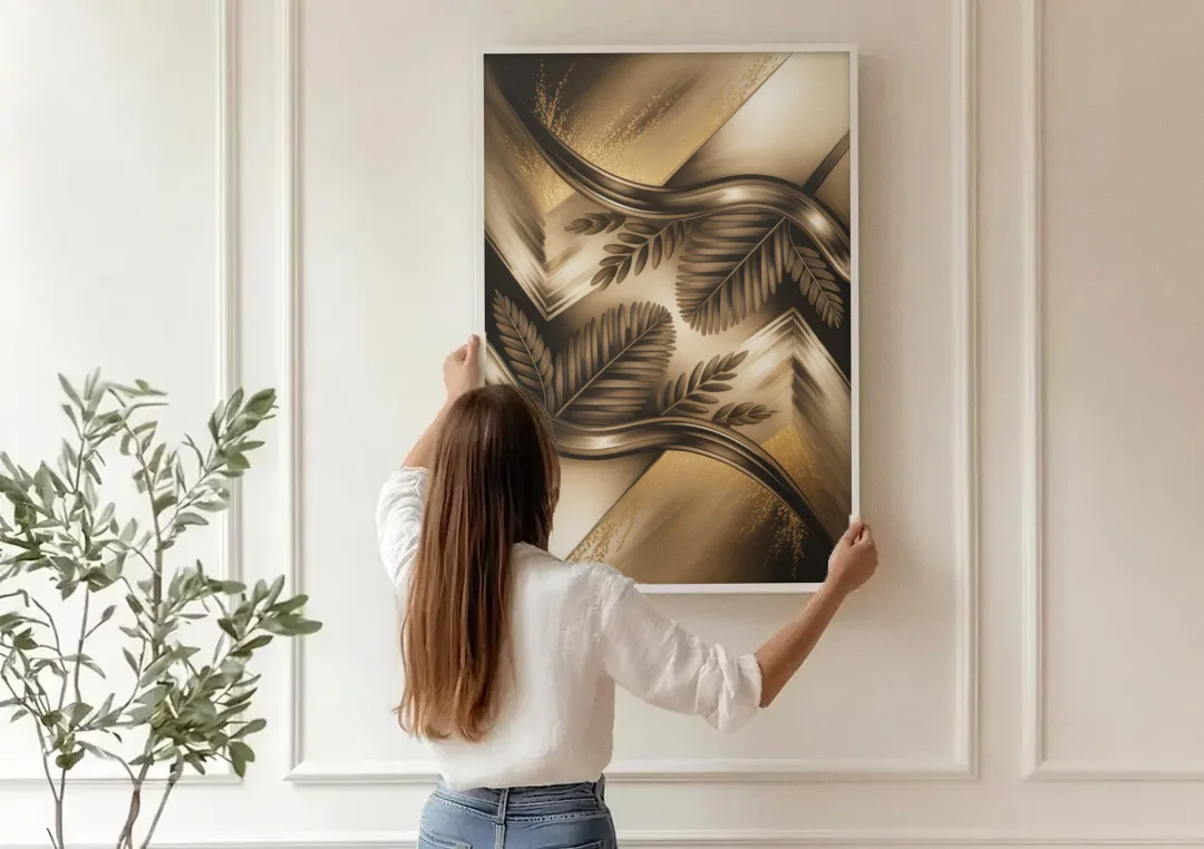 Organic Geometric Brown Abstract canvas wall art being hung on a paneled wall