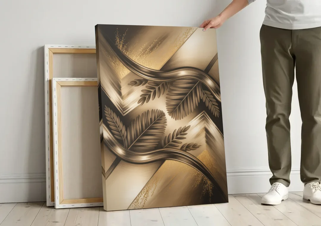 Organic Geometric Brown Abstract canvas wall art leaning against a wall next to blank canvases