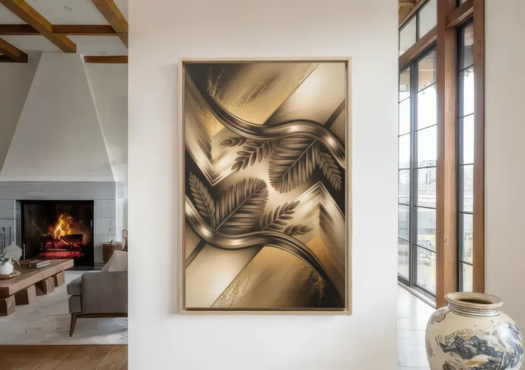 Organic Geometric Brown Abstract canvas wall art in a living room with a fireplace