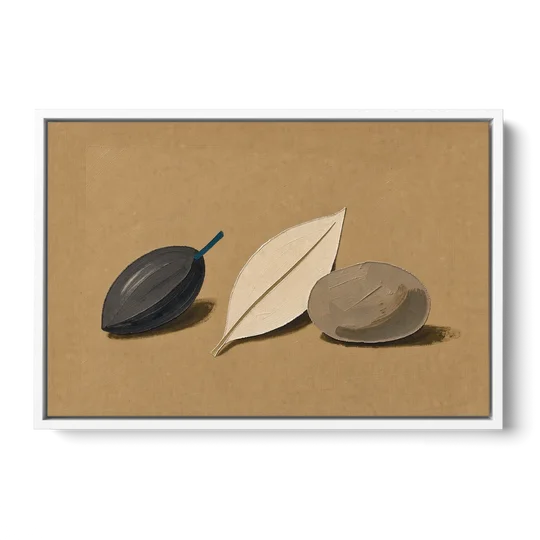 Organic Modern Home Decor with Seed, Leaf and Pebble - White Framed Canvas Wall Art - Front