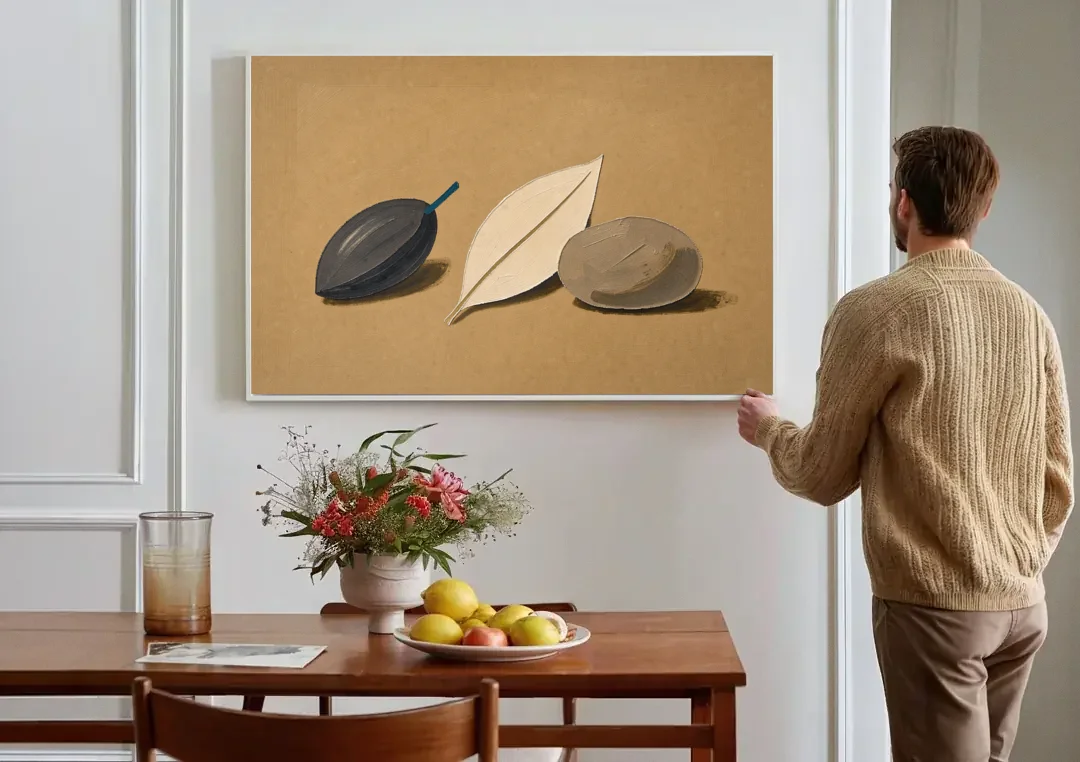 Organic Modern Home Decor with Seed, Leaf and Pebble canvas wall art above a dining table