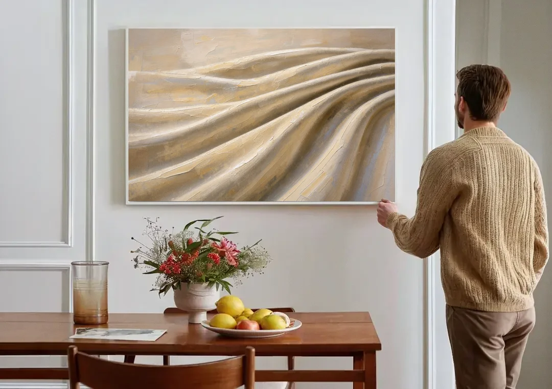 Organic Modern Wall Art of Draped Linen Folds canvas wall art above a dining table