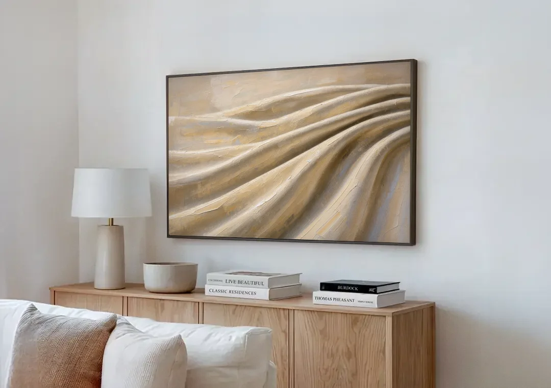 Organic Modern Wall Art of Draped Linen Folds canvas wall art above a wooden sideboard next to a sofa